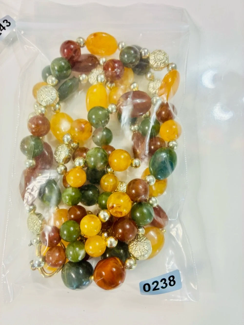 VTG Multi-Strand Amber, Green & Brown Beaded Necklace Earthy Natural Tones EUC